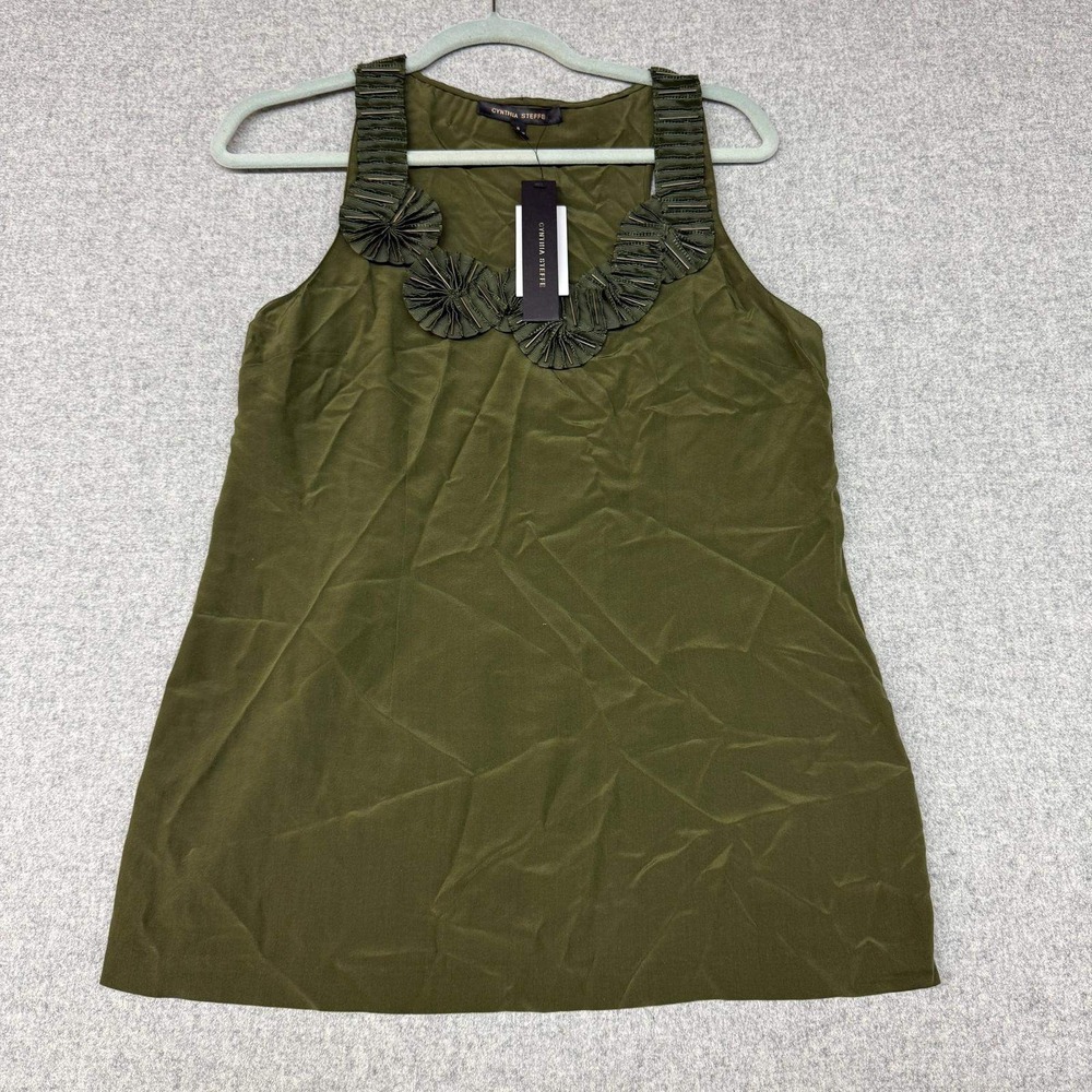 Cynthia Steffe Top Size 8 Loden Green Rosette Beaded Sleeveless 83600145 NWT